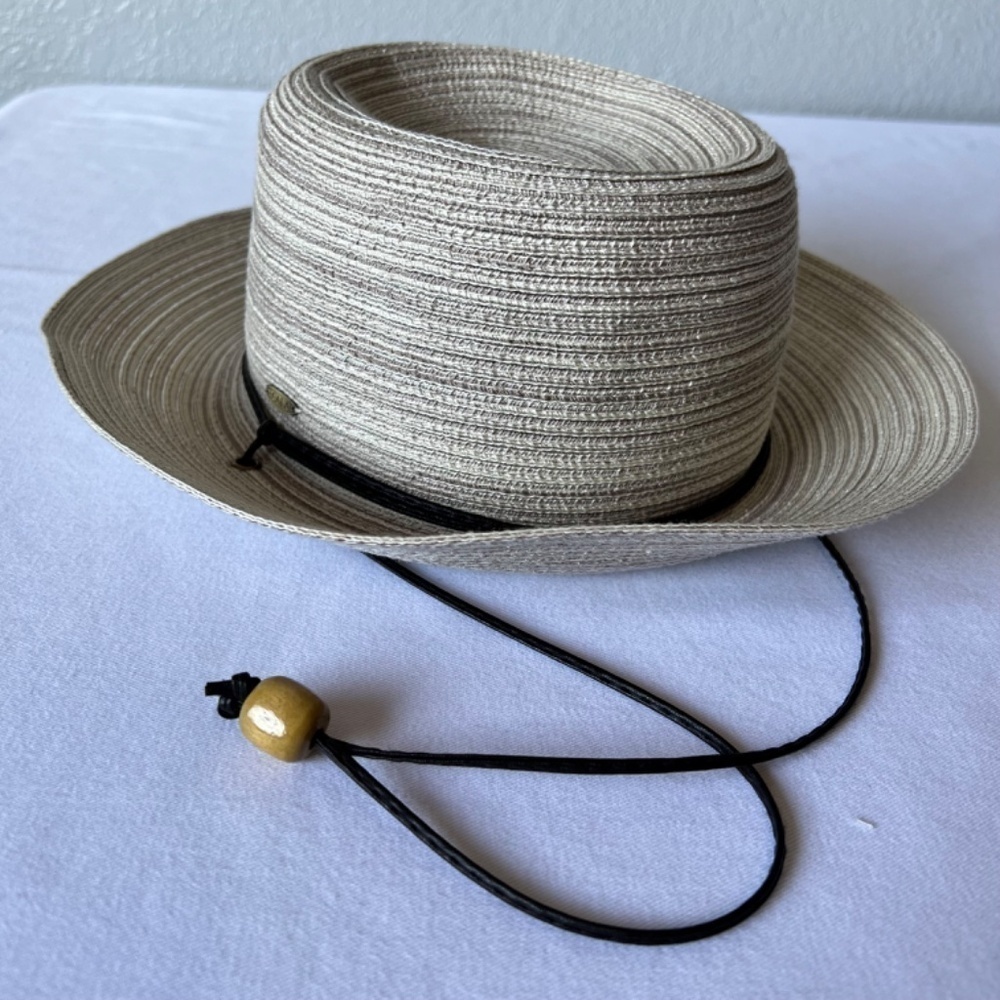 *FIRM PRICE* Scala gray and tan woven hat with leather strap and drawstring inte - Picture 14 of 15